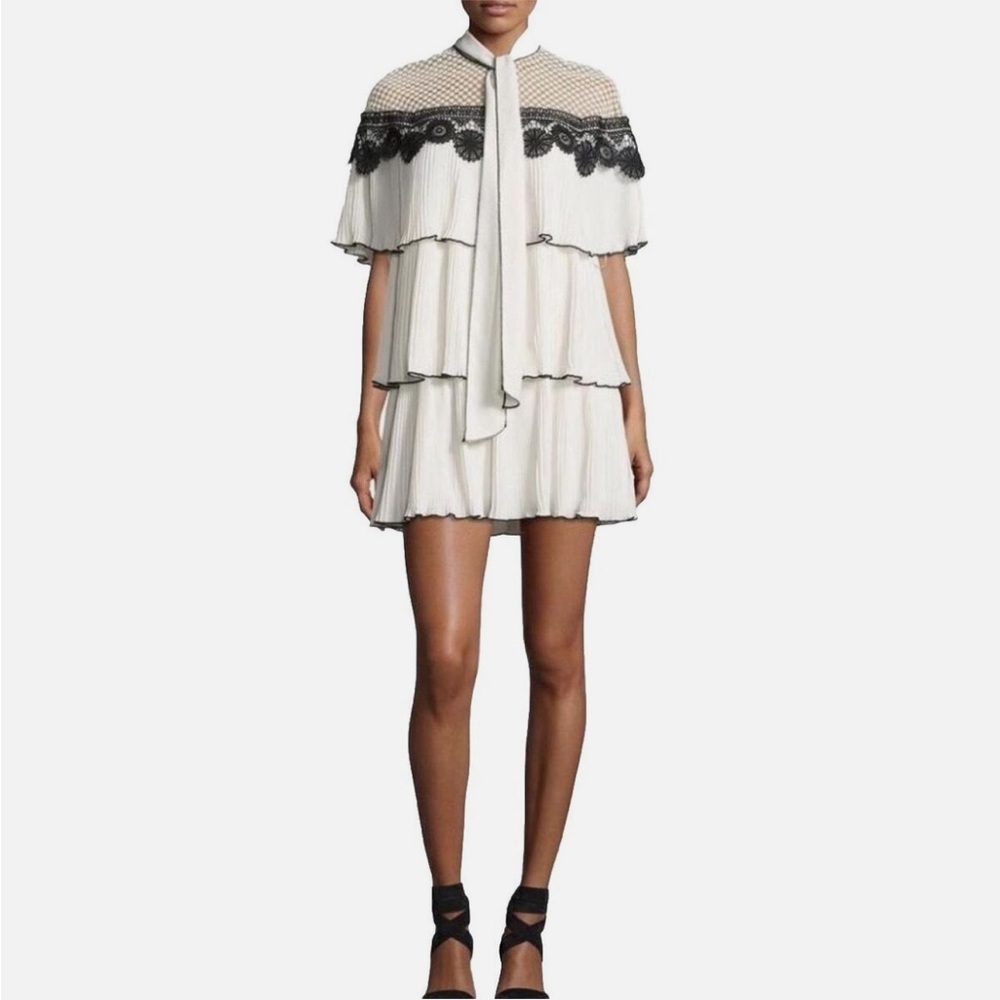 Self Portrait Mini Dress Women 2 Eyelet monochrome pleated caplet White Bow Tie